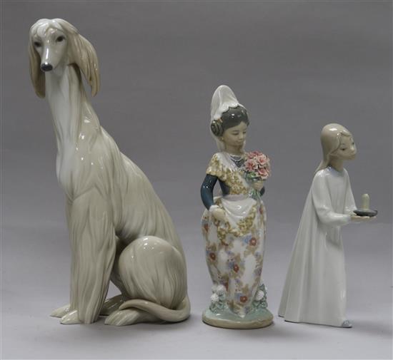 Two Lladro figures, Geisha girl and Valencian girl and a Lladro model of an Afghan hound